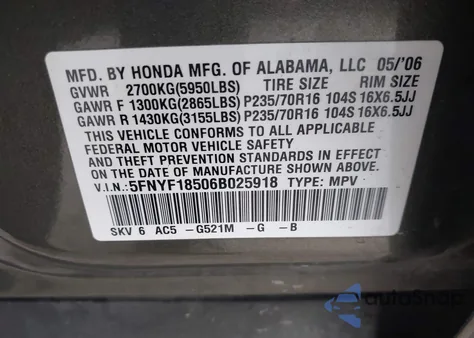 2006 Honda Pilot Ex-L from USA, damaged, VIN 5FNYF18506B025918